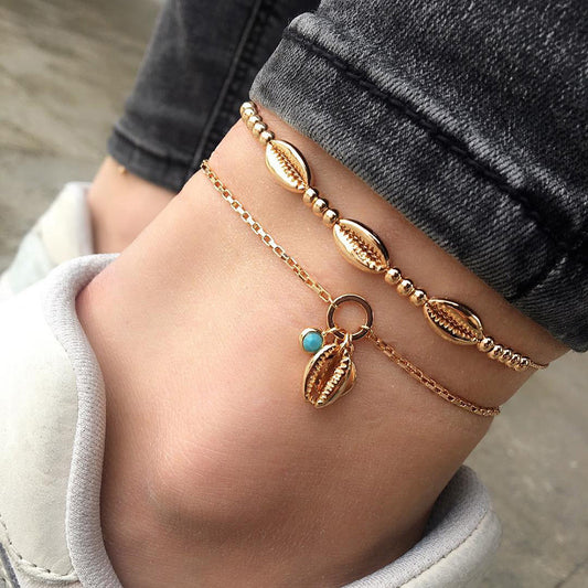 Bohemian Style Handmade Beaded Metal Shell Anklet Personality Double Layer Beach