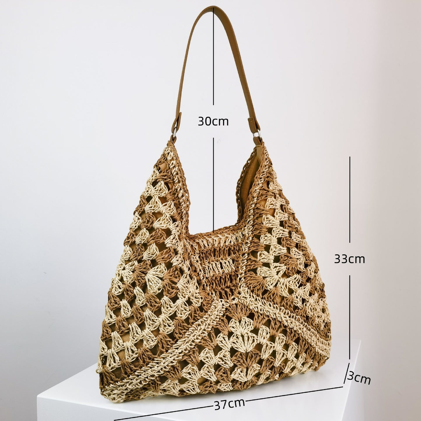 Sac à bandoulière en paille tissé à la main pour femme, couleur contrastée