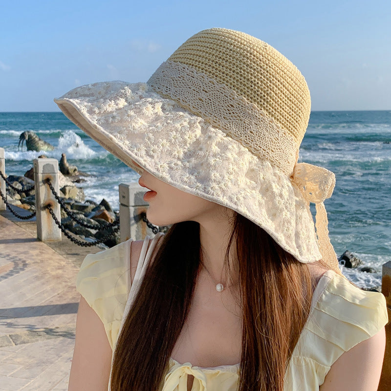 Chapeau en paille avec nœud en dentelle, chapeau de soleil d'été en plein air avec large bord, anti-UV et protection du visage