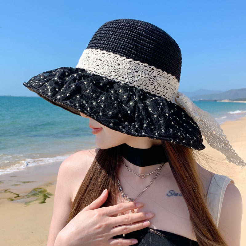 Chapeau en paille avec nœud en dentelle, chapeau de soleil d'été en plein air avec large bord, anti-UV et protection du visage