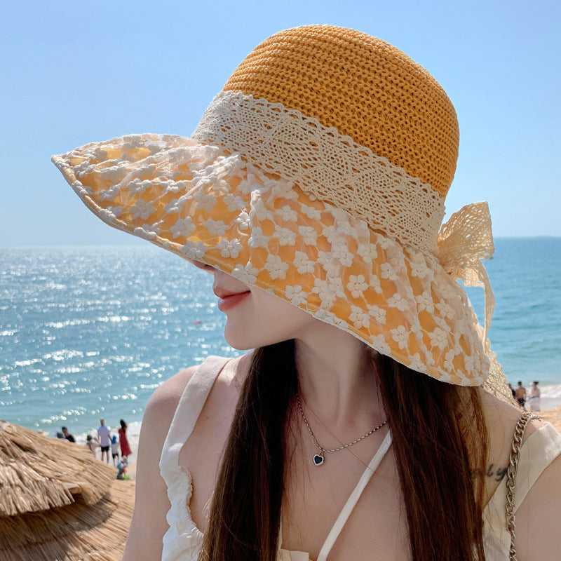 Chapeau en paille avec nœud en dentelle, chapeau de soleil d'été en plein air avec large bord, anti-UV et protection du visage