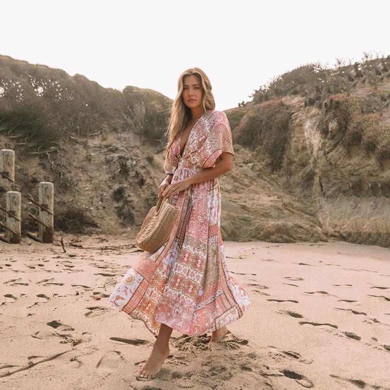 Robe à imprimé floral pour femme, vêtements de plage bohème irréguliers