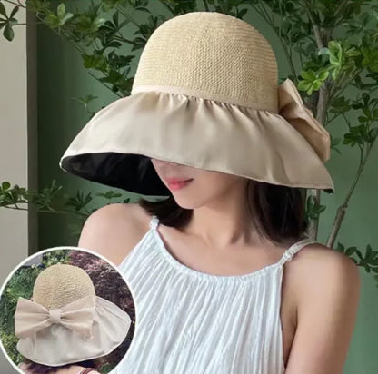 Chapeau de soleil en paille, avec large bord tissu satin et grand nœud, chapeau anti-UV, protection du visage