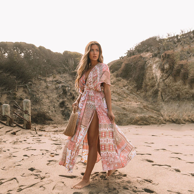 Robe à imprimé floral pour femme, vêtements de plage bohème irréguliers