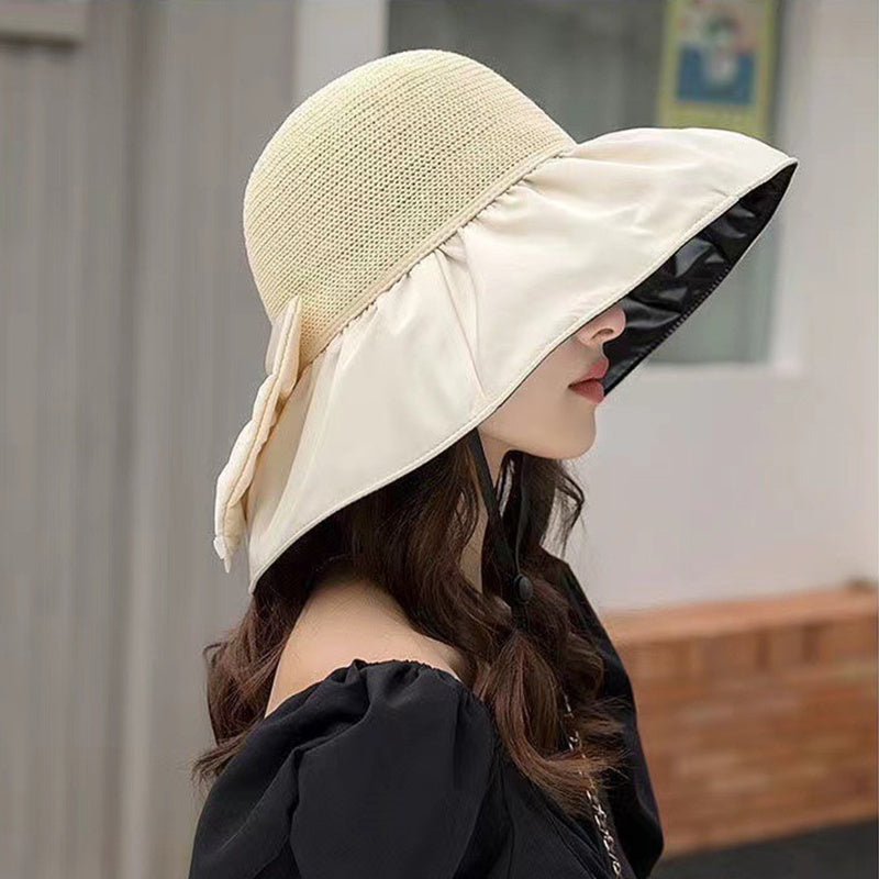 Chapeau de soleil en paille, avec large bord tissu satin et grand nœud, chapeau anti-UV, protection du visage