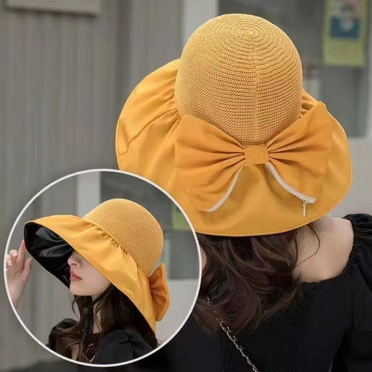 Chapeau de soleil en paille, avec large bord tissu satin et grand nœud, chapeau anti-UV, protection du visage