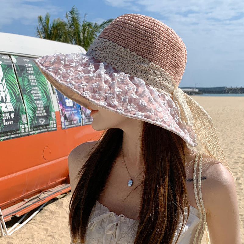 Chapeau en paille avec nœud en dentelle, chapeau de soleil d'été en plein air avec large bord, anti-UV et protection du visage