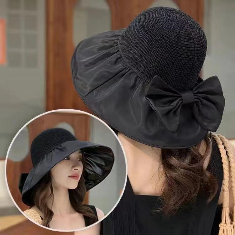 Chapeau de soleil en paille, avec large bord tissu satin et grand nœud, chapeau anti-UV, protection du visage